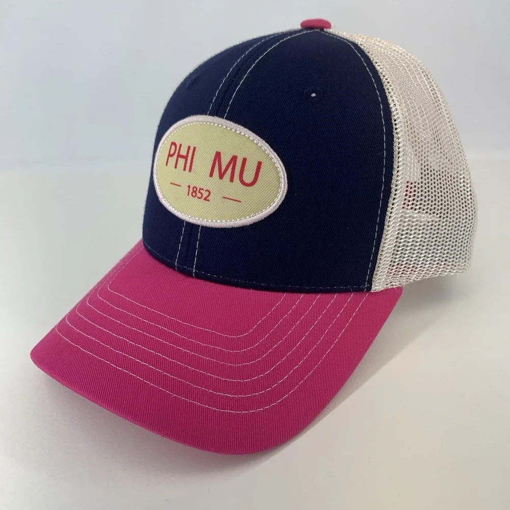 Phi Mu Hat ΦM Pink Blue Cream Mesh Adjustable Snap OSFM Pie Headwear Trucker Cap